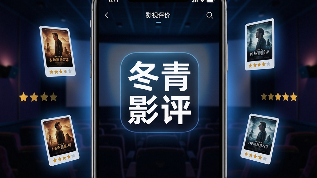 一部智能手机竖屏展示影视评价界面,屏幕中央有醒目的“冬青影评”文字标识,背景是深色影院氛围,周围漂浮着电影海报缩略图和星级评分图标,整体布局简洁清晰,风格现代科技感,细节包括柔和的蓝色光晕和干净的界面元素,画质高清,干净,无多余元素