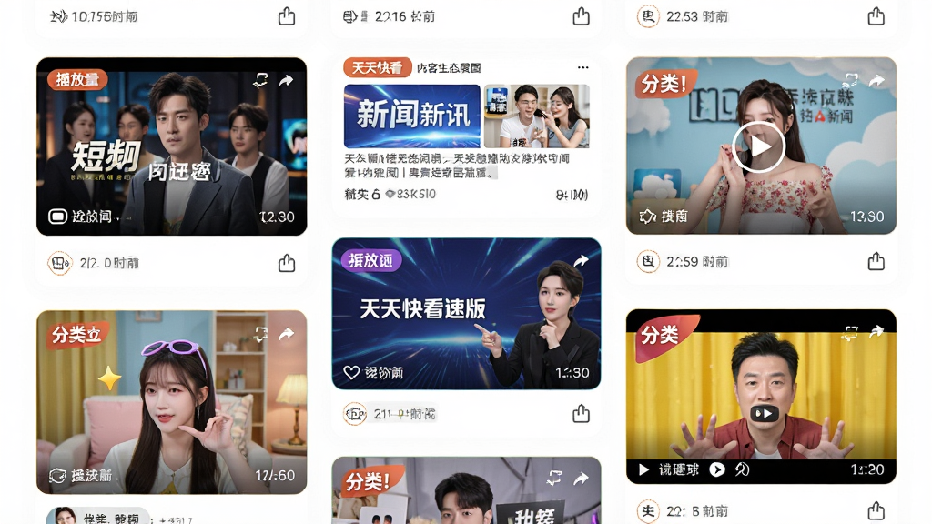 天天快看极速版内容生态展示图,主体为多个视频内容卡片呈瀑布流排列,卡片内分别展示短剧封面、新闻资讯截图和搞笑视频画面,布局为网格状排列,风格为清新明快的综艺风格,细节包含各卡片的播放量标签、时长标注和分类角标,画质为高清,背景为纯白底色。