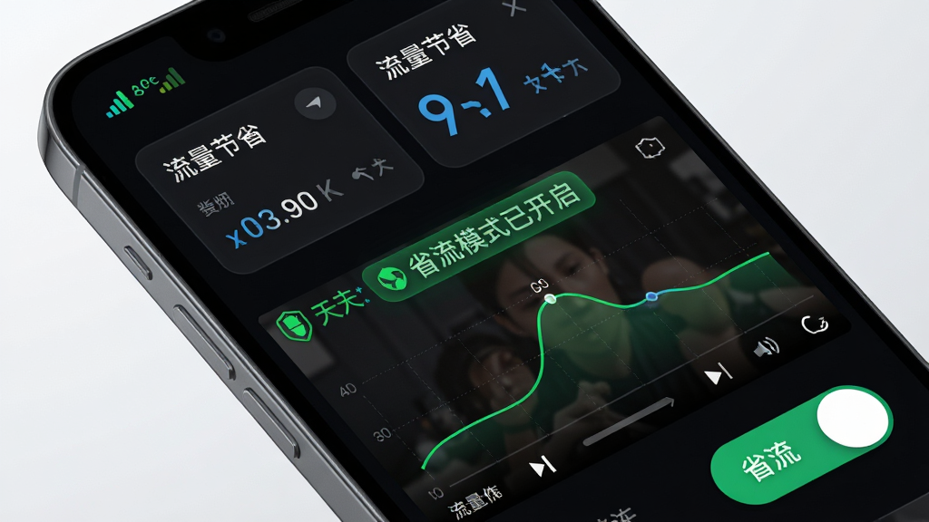 天天快看极速版省流模式功能展示图,主体为一部手机屏幕特写,屏幕上方显示信号强度与流量节省数据面板,中间展示视频播放界面并带有省流模式已开启的绿色标识,布局为对角线构图,风格为科技感数据可视化,细节包含流量统计曲线图、省流开关按钮和清晰的文字标注,画质为高清渲染,背景干净简洁。