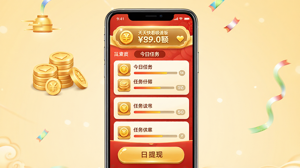 天天快看极速版金币任务中心界面图,主体为手机屏幕显示金币余额和今日任务列表,布局为纵向卡片式排列,风格为喜庆的金色与红色搭配,细节包含金币堆叠的3D图标、任务进度条、签到按钮和提现入口,画质为高清,画面干净整洁。