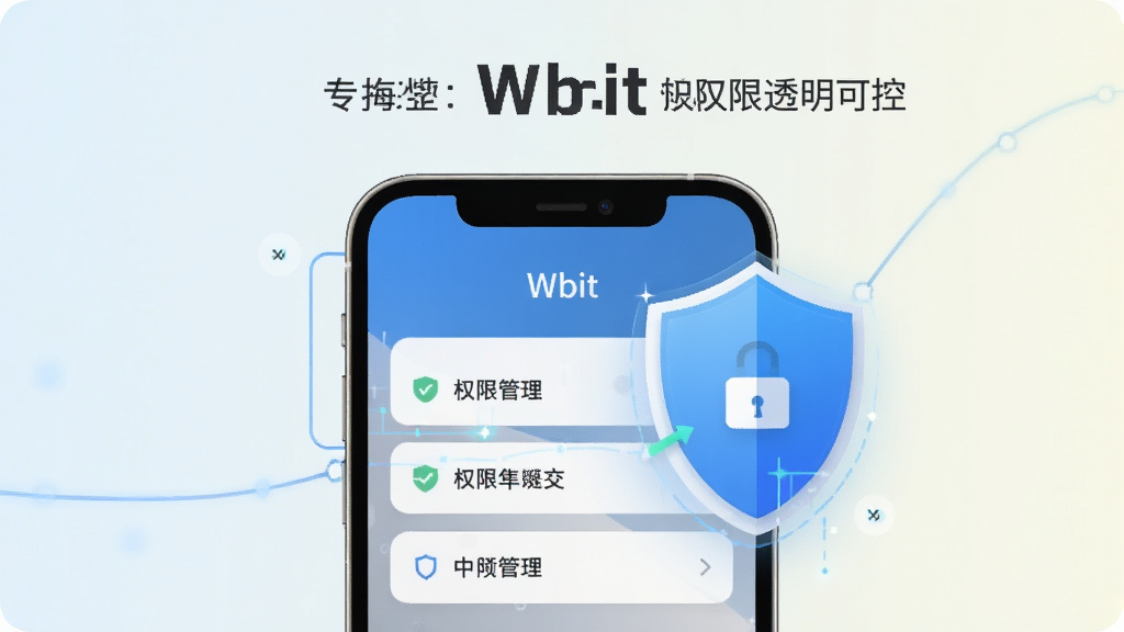 一张展示Wbit权限透明可控的概念图,画面为手机权限管理界面与盾牌图标结合,背景为浅色渐变,风格安全可信,画质干净,图中文字标注“Wbit”