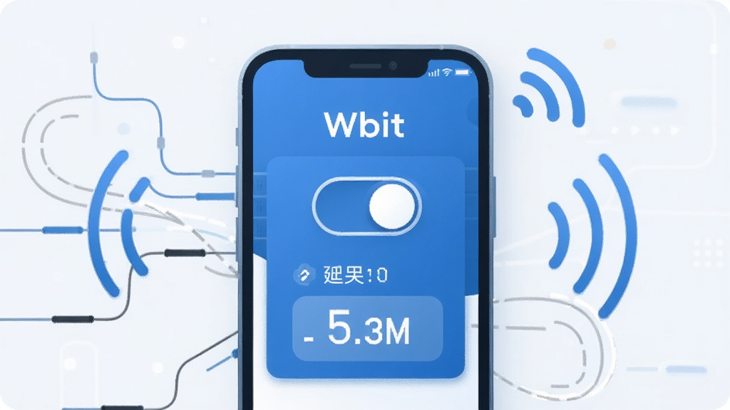 一张表现Wbit轻量代理管理的概念图,画面主体为手机屏幕显示连接开关与延迟数值,周围环绕简洁的数据线条与信号波纹,风格扁平化科技风,色调以蓝白为主,细节干净,画质清晰,图中文字标注“Wbit”