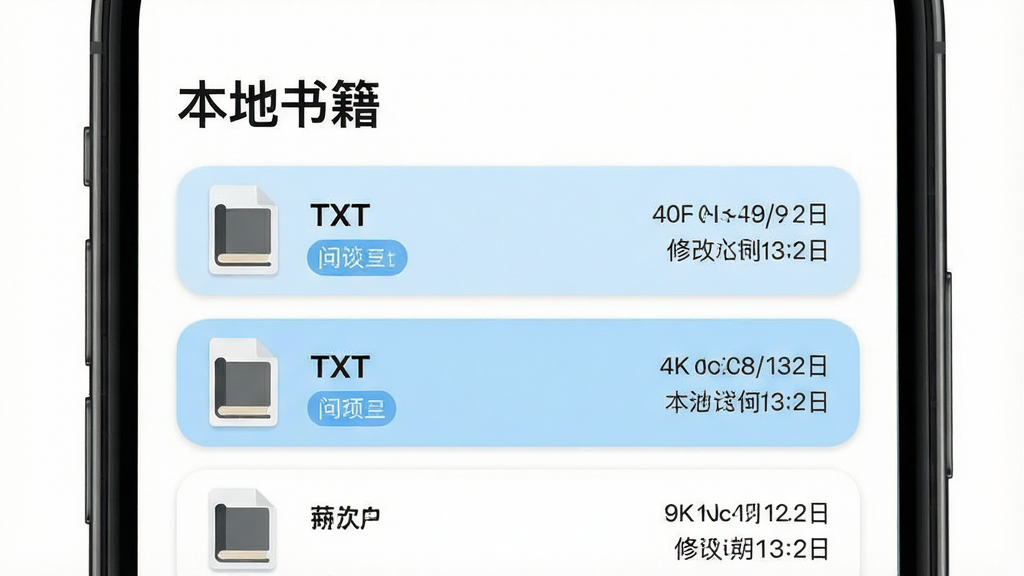 极简阅读器纯净本地阅读功能展示图,主体为手机屏幕特写,屏幕内显示本地文件导入界面,文件列表中有多个TXT文档,每个文档左侧有书本小图标,右侧显示文件大小和修改日期,屏幕上方有“本地书籍”四个字,布局为上下结构,排版清晰,风格为扁平化轻拟物,细节包括浅蓝色选中高亮、圆角卡片、文件类型标签,画质为2K高清,干净无多余元素,背景为纯白色。