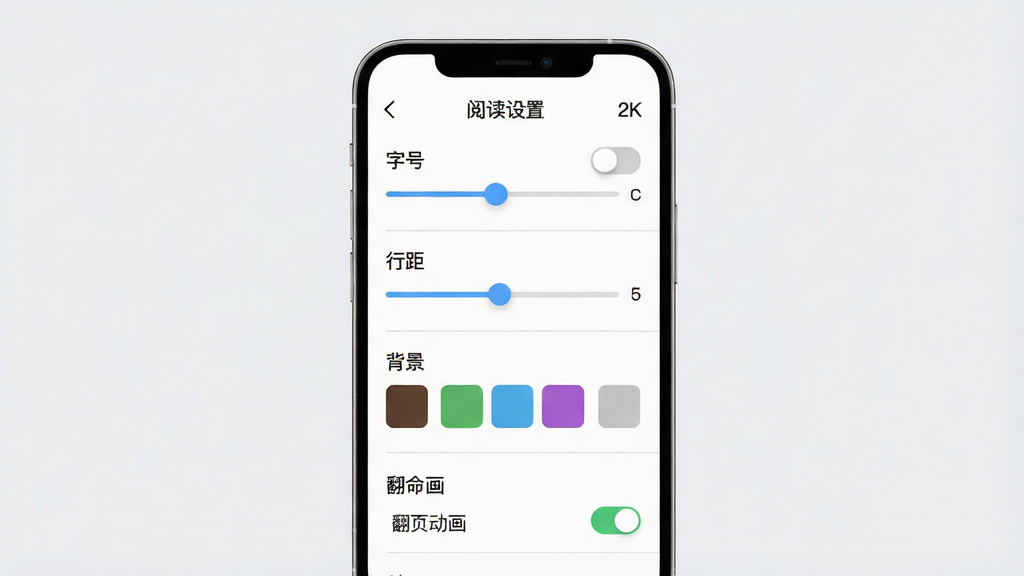 极简阅读器排版自定义设置界面图,主体为手机屏幕,屏幕内显示设置面板,面板中有字号滑块、行距滑块、背景色色块、翻页动画选项,布局为纵向列表式,排版整齐,风格为清爽扁平风,细节包括圆角滑块、彩色色块、开关按钮、灰色分割线,屏幕上方有“阅读设置”标题,画质为2K高清,干净无多余元素,背景为浅灰色。