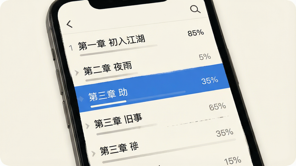 极简阅读器智能章节识别目录图,主体为手机屏幕,屏幕内显示章节目录列表,列表项包括“第一章 初入江湖”“第二章 夜雨”“第三章 旧事”等,当前章节有蓝色高亮,布局为纵向滚动列表,排版左对齐,风格为简约书卷风,细节包括章节序号、章节标题、阅读进度百分比、顶部搜索图标,画质为2K高清,干净无多余元素,背景为米白色。