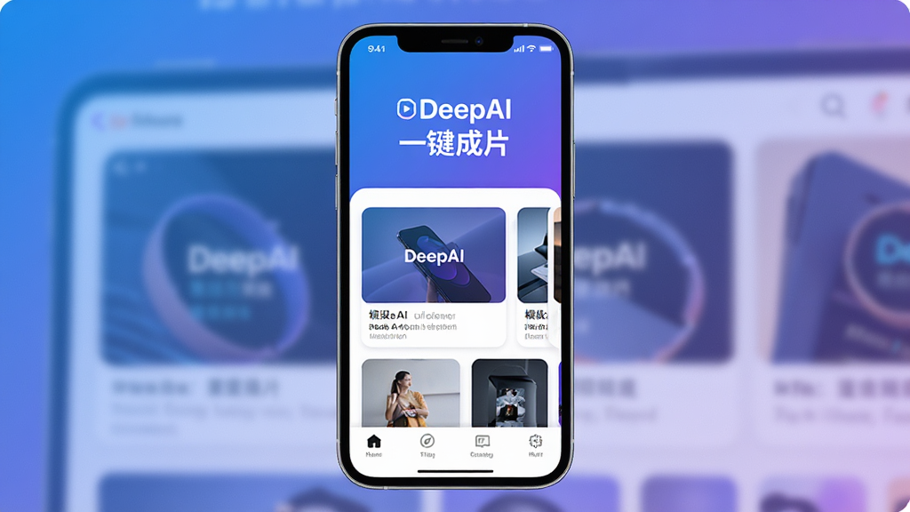 一张展示DeepAI一键成片软件主界面的预览图,画面中央是手机屏幕,屏幕内显示软件首页布局,顶部有DeepAI一键成片文字标识,中部为模板推荐卡片,底部为功能导航栏,整体风格简洁现代,配色以蓝紫渐变为主,画质清晰干净,无多余元素
