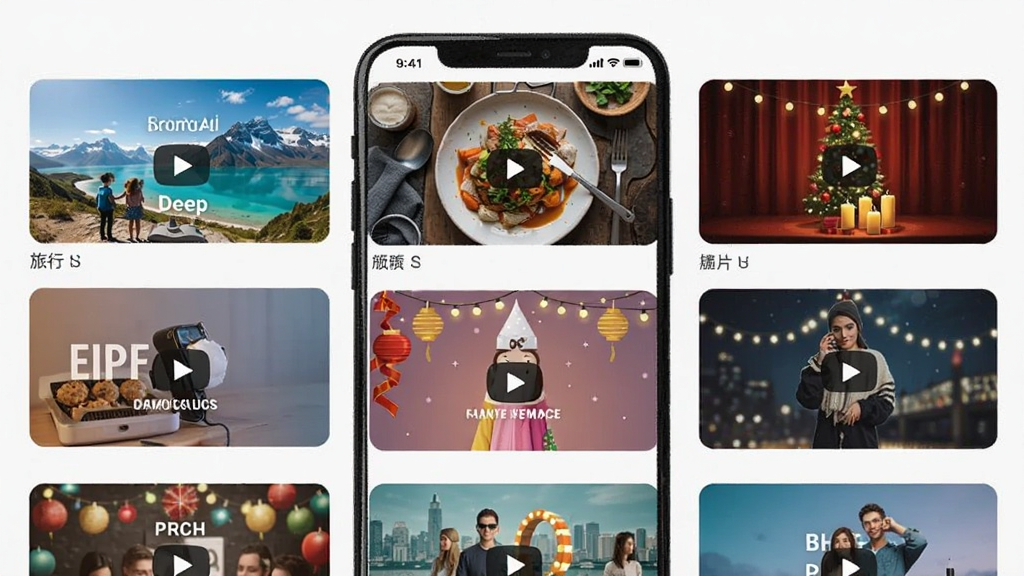 一张展示DeepAI一键成片模板库的预览图,画面中手机屏幕显示多个视频模板缩略图,每个模板封面风格各异,有旅行、美食、节日等主题,界面排版整齐,配色清新,画质清晰干净,无多余元素