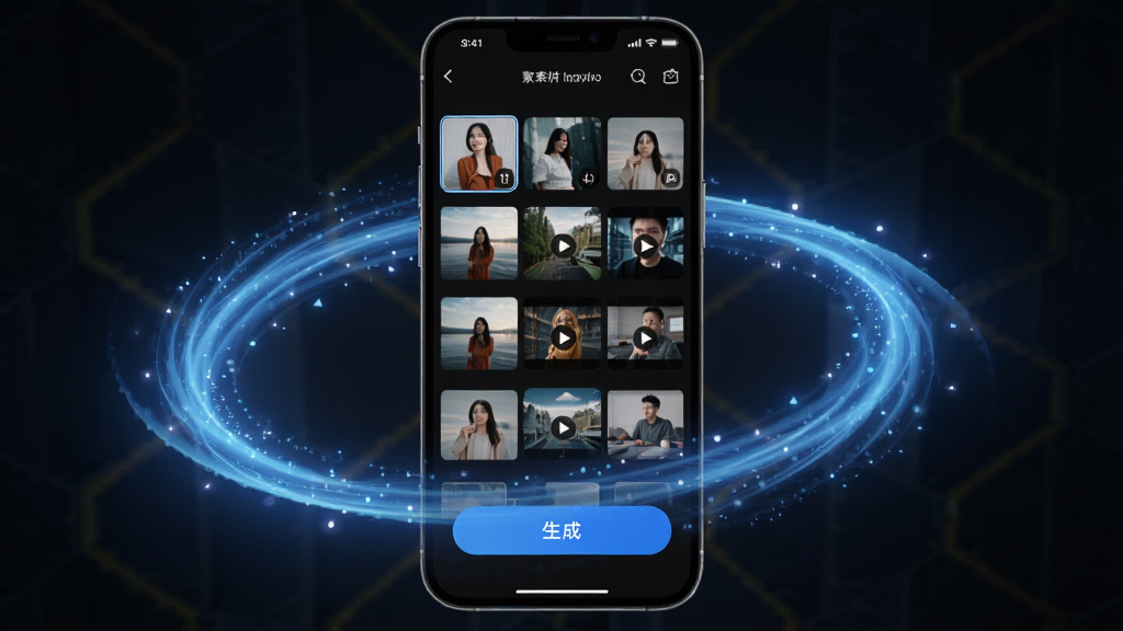 一张展示DeepAI一键成片智能合成过程的预览图,画面中手机屏幕显示素材导入界面,多张照片和视频缩略图排列整齐,下方有生成按钮,周围有AI光效环绕,风格科技感强,画质清晰干净,无多余元素