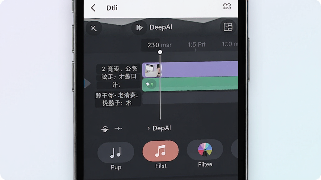 一张展示DeepAI一键成片编辑界面的预览图,画面中手机屏幕显示视频时间轴,下方有字幕、音乐、滤镜等编辑按钮,界面布局清晰,配色柔和,画质清晰干净,无多余元素