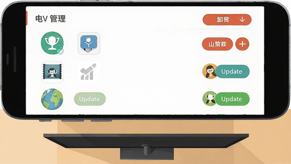 一部手机屏幕显示着电视应用管理列表界面,列表中排列着多个应用图标和卸载、更新按钮,手机下方是一台电视的俯视图,画面风格为扁平化插画风,色彩清新,细节包括应用图标和操作按钮,画质清晰,干净无多余元素