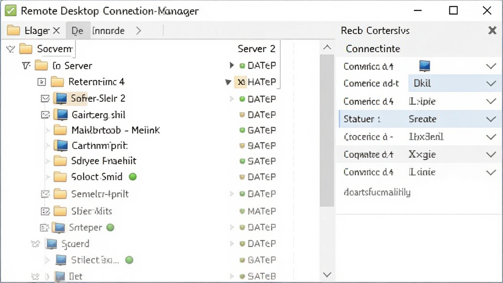 Remote Desktop Connection Manager 软件界面截图,主体为树状分组服务器列表,布局清晰,右侧显示连接属性面板,风格为商务简约,细节包括分组文件夹图标、服务器小图标、状态指示灯,画质清晰,干净,无多余元素