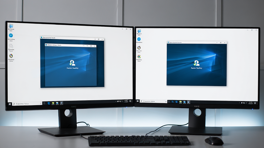 Remote Desktop Connection Manager 多显示器远程连接场景,主体为两台并排显示器展示不同远程桌面,布局左右分屏,排版工整,风格为科技办公,细节包括任务栏、窗口边框、连接状态图标,画质清晰,干净,无多余元素