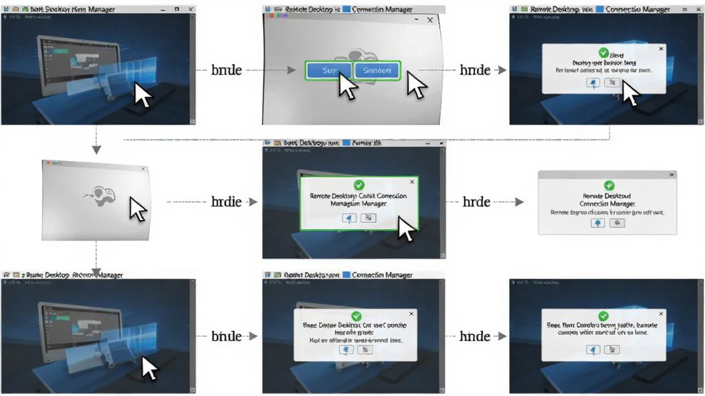 Remote Desktop Connection Manager 新手操作流程图,主体为分步截图展示安装到连接的全过程,布局上下排列三步,排版清晰,风格为教程说明,细节包括鼠标指针、高亮按钮、连接成功提示框,画质清晰,干净,无多余元素