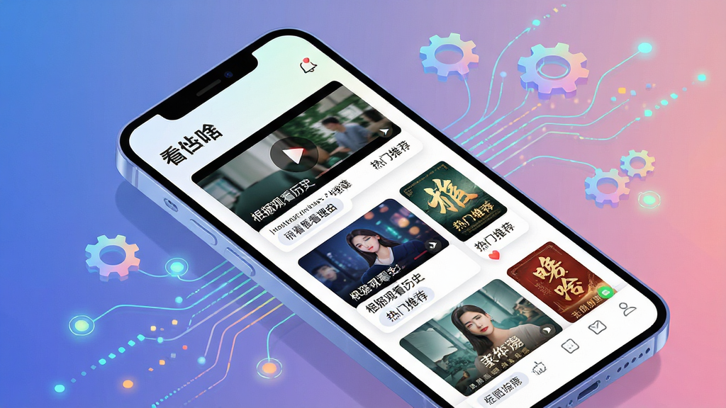 一张展示“看啥”智能推荐功能的图片,画面主体为手机屏幕,屏幕内显示个性化推荐列表,包含视频封面和小说封面,每张卡片下方有推荐理由标签如“根据观看历史”“热门推荐”等。布局采用对角线构图,手机斜放,周围有数据流线条和齿轮图标象征算法运算,风格为科技感插画风,细节包括发光的数据节点、柔和的彩色渐变、清晰的UI元素,画质为高清,画面干净无多余元素,突出智能与精准。