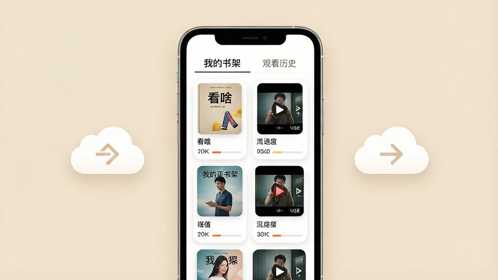 一张展示“看啥”个性化书架与播放记录界面的图片,画面中央为手机屏幕,屏幕内显示书架网格布局,每本书和视频合集都有封面和进度条,顶部有“我的书架”“观看历史”标签。布局采用居中对称构图,手机两侧有云朵和同步箭头图标象征云端同步,风格为清新简约风,细节包括柔和的米色背景、圆角卡片、清晰的文字标签,画质为高清,画面干净无多余元素,突出整洁与便捷。