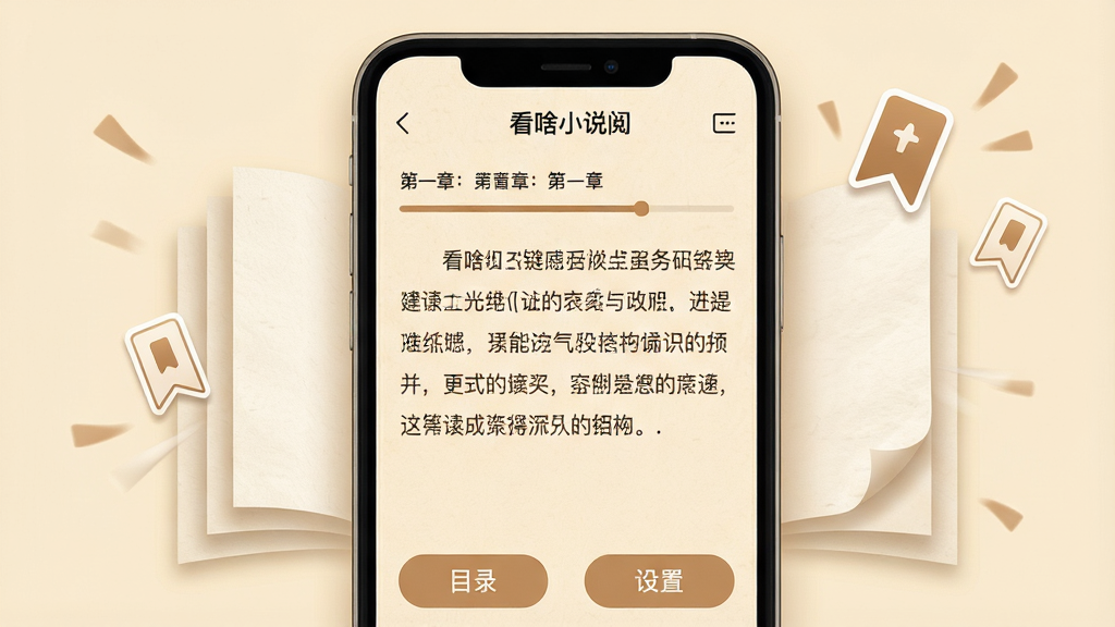 一张展示“看啥”小说阅读界面的图片,画面主体为手机屏幕,屏幕内显示小说阅读页面,背景为护眼米黄色,文字排版清晰,顶部有章节名和进度条,底部有目录和设置按钮。布局采用居中构图,手机周围有翻页动画效果和书签图标,风格为温馨阅读风,细节包括柔和的纸张纹理、清晰的字体、简洁的UI,画质为高清,画面干净无多余元素,突出沉浸式阅读体验。