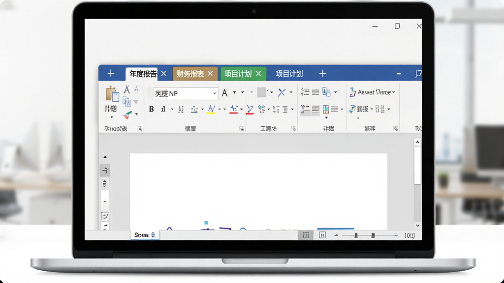 Office Tab ����������ȫòͼ������Ϊһ̨�򿪵ıʼǱ�������Ļ����Ļ������ʾ Microsoft Word ���ڶ��������Ŷ����ɫ�ĵ���ǩҳ����ǩ��д��