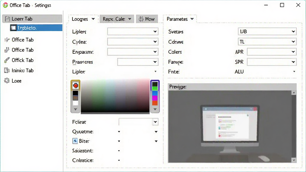 Office Tab �Զ������ý���ͼ������Ϊ����ѡ��������壬����Ϊ��ർ�������Ҳ�������������Ű�չʾ��ǩλ�á���ɫ���������������Ϊ�������ý����ͼ��ϸ�ڰ��������˵�����ɫѡ������Ԥ�����򣬻��ʸ��壬�ɾ��޶���Ԫ��