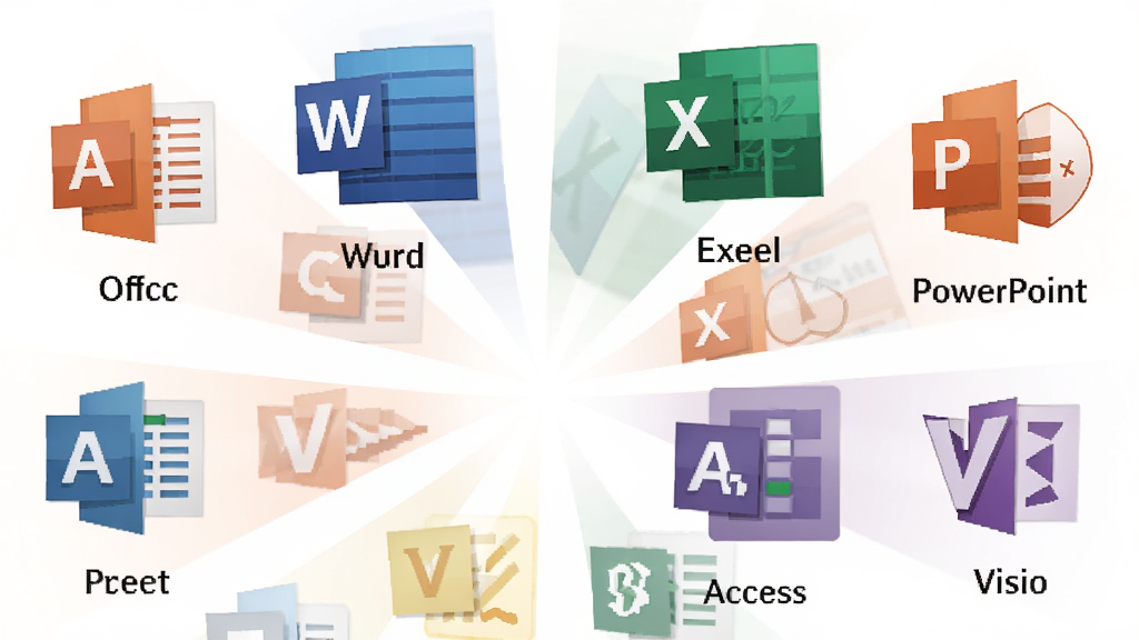 Office Tab �������չʾͼ������Ϊ��� Office ����ͼ�껷�����У�����ΪԲ�η���״���Ű�չʾ Word��Excel��PowerPoint��Access��Project��Visio ��ͼ�꣬���Ϊ��ƽ��ͼ����ƣ�ϸ�ڰ���ÿ��ͼ���·������Ʊ�ǩ�����ʸ��壬�ɾ��޶���Ԫ��
