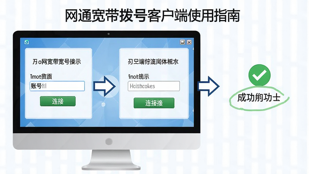 网通宽带拨号客户端使用指南示意图,主体为电脑屏幕上分步骤展示拨号操作流程,布局为从左到右三步走,排版清晰有箭头引导,风格为教程图解风,细节包括账号输入框、连接按钮、成功提示图标,画质高清干净无多余元素