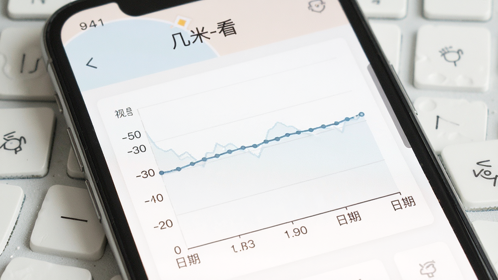一张展示几米-看软件测试结果记录页面的图片,画面中手机屏幕显示折线图,横轴为日期,纵轴为视力参考值,曲线呈现平稳波动,页面配色柔和,有“几米-看”文字标识,整体风格简约清晰,画质干净