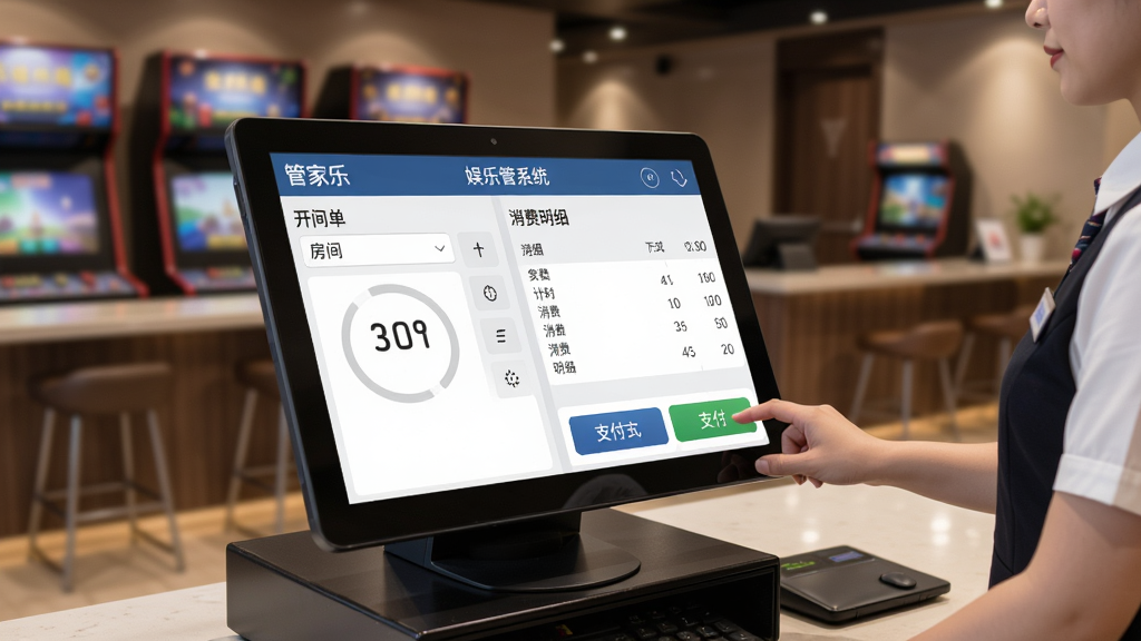 管家乐休闲娱乐管理系统智能收银结算界面展示图,画面主体为收银操作台屏幕,屏幕上显示开单界面包含房间选择、计时器、消费明细、支付方式选项,旁边有收银员正在操作,背景为休闲娱乐场所前台环境,风格为写实商业摄影,细节包含清晰的界面文字与图标,画质高清,干净,无多余元素
