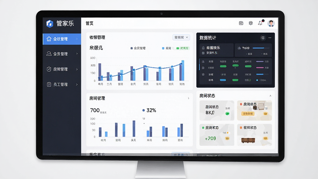 软件核心界面全景图,画面中央是管家乐休闲娱乐管理系统的电脑端主界面,左侧显示功能菜单栏包含收银管理、会员管理、房间管理、员工管理等模块,右侧显示数据统计仪表盘与房间状态卡片,整体布局清晰整洁,风格为现代商务扁平化设计,细节包含图标、数据图表、状态标签等元素,画质高清,干净,无多余元素