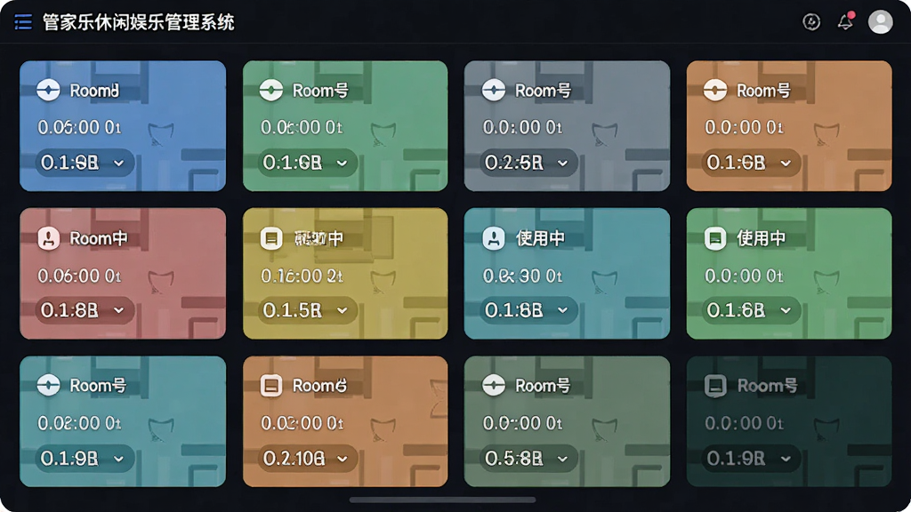 管家乐休闲娱乐管理系统房间台位管理界面示意图,画面展示一个图形化的房间状态看板,多个房间卡片以不同颜色区分空闲、使用中、预约状态,每个卡片显示房间号与计时信息,整体布局为网格状,风格为现代简洁的UI设计,细节包含清晰的图标与文字标签,画质高清,干净,无多余元素