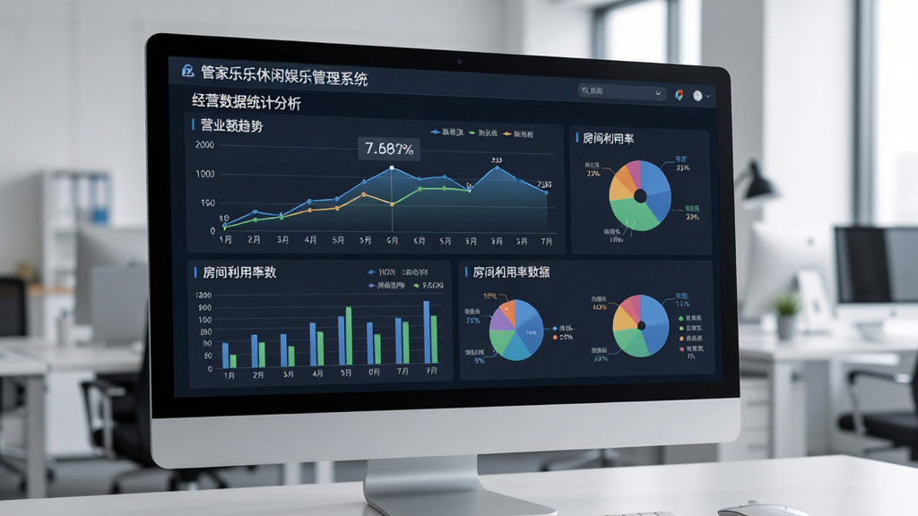 管家乐休闲娱乐管理系统经营数据统计分析页面展示图,画面主体为电脑屏幕显示数据仪表盘,包含折线图、柱状图、饼图等多种图表,展示营业额趋势与房间利用率数据,背景为办公室环境,风格为商务数据分析风格,细节包含清晰的图表标注与数据数值,画质高清,干净,无多余元素
