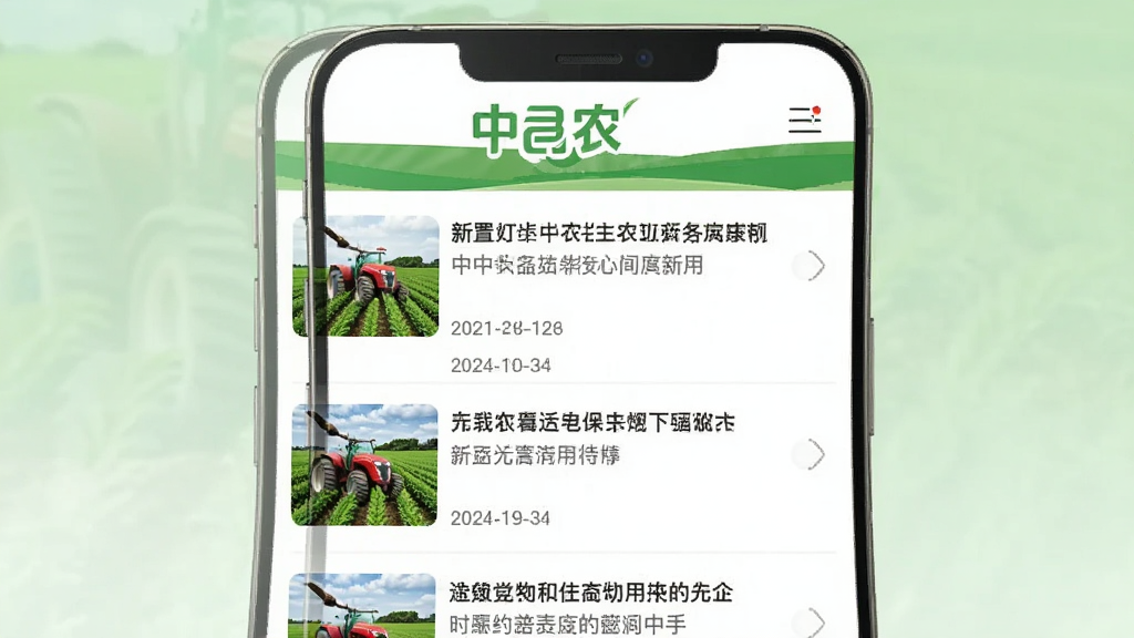 中a农农业资讯页面展示图,画面主体为手机屏幕,屏幕内呈现资讯列表界面,顶部有中a农文字,列表中包含新闻标题、缩略图和发布时间,背景为淡绿色渐变,整体风格简洁明快,画质清晰,无多余元素