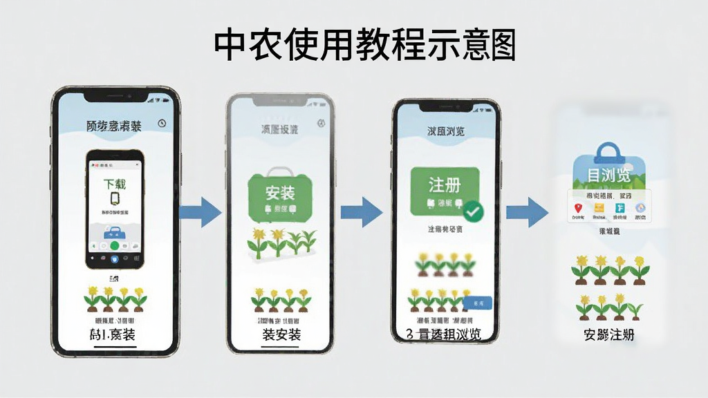 中a农使用教程示意图,画面展示手机屏幕操作步骤,包括下载、安装、注册、浏览等环节,配有箭头指引和文字说明,背景为浅灰色,风格简洁明了,画质清晰,无多余元素