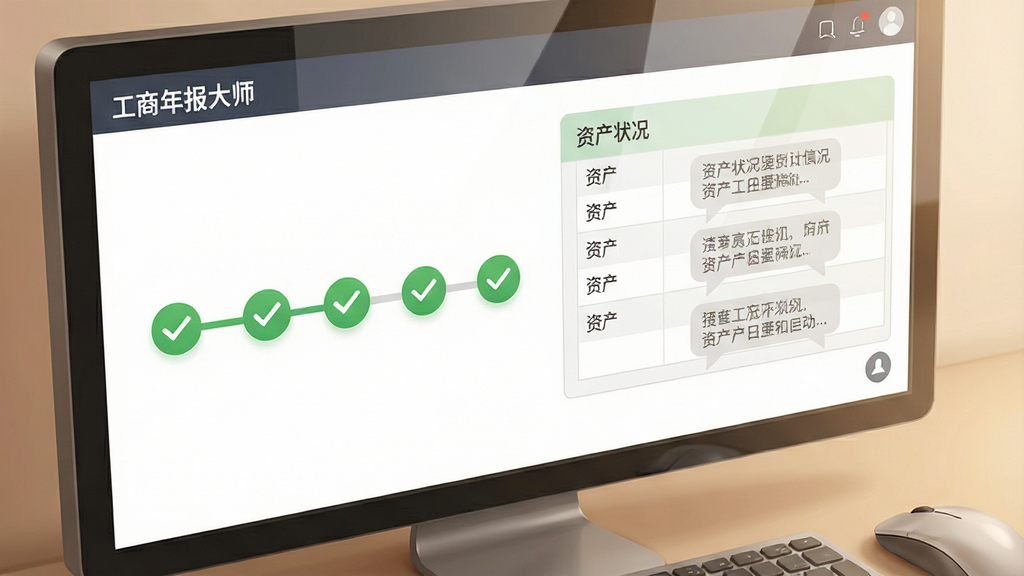 一张软件功能特写图,画面聚焦于电脑屏幕上的工商年报大师软件界面,屏幕中显示着分步引导的进度条,左侧有六个已完成的绿色对勾图标,右侧是正在填写的资产状况信息表格,表格中有浅灰色的提示文字气泡。画面采用柔和的暖色调,风格为写实数字插画,细节包括屏幕反光、键盘边缘和鼠标,画质清晰,干净,无多余元素