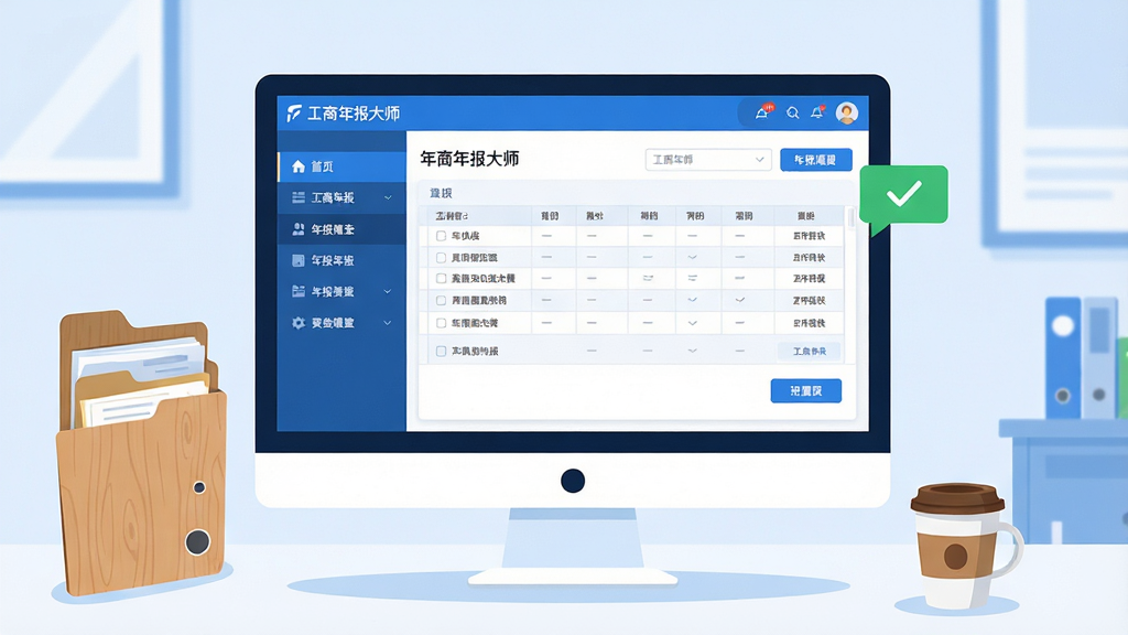 一张宽幅的软件界面概念图,画面中央是明亮的电脑屏幕,屏幕内展示着工商年报大师的软件主界面,界面左侧有清晰的功能导航栏,右侧是年报填报的表格区域,表格旁边有绿色的对勾和提示气泡。屏幕下方摆放着一个木质文件夹和一杯咖啡,背景是整洁的办公桌面,风格为现代扁平化插画,色彩以蓝白为主,细节包括界面上的文字标签和按钮,画质清晰,干净,无多余元素