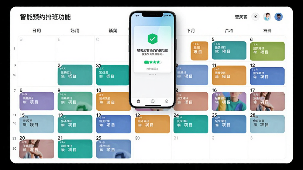 智美云客智能预约排班功能展示图,画面以日历网格为主体,不同颜色的时间块代表不同员工与项目,手机屏幕悬浮在画面上方显示预约成功通知,风格简洁明快,布局清晰,画质干净,无多余元素