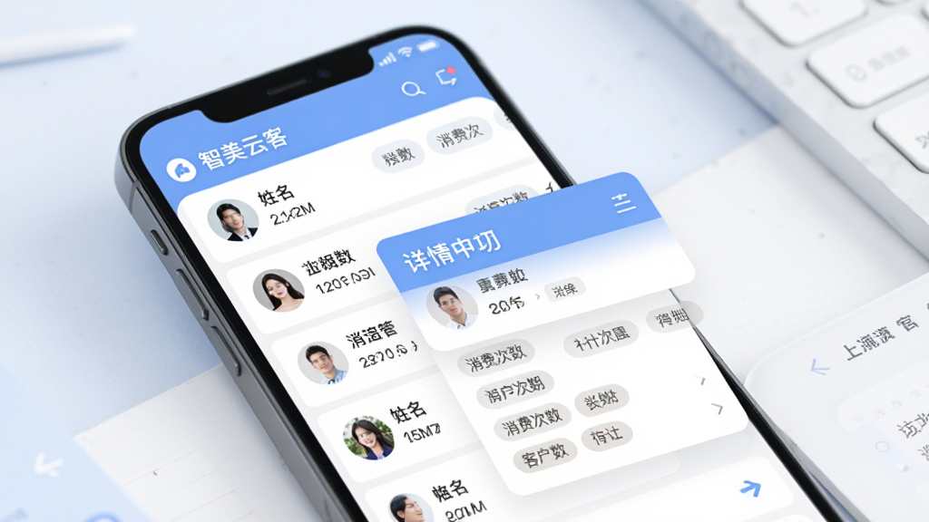 智美云客客户档案管理界面图,画面展示手机屏幕内客户列表与详情卡片,包含头像、姓名、消费次数、标签等信息,背景为柔和的蓝白配色,风格专业整洁,布局合理,画质干净,无多余元素