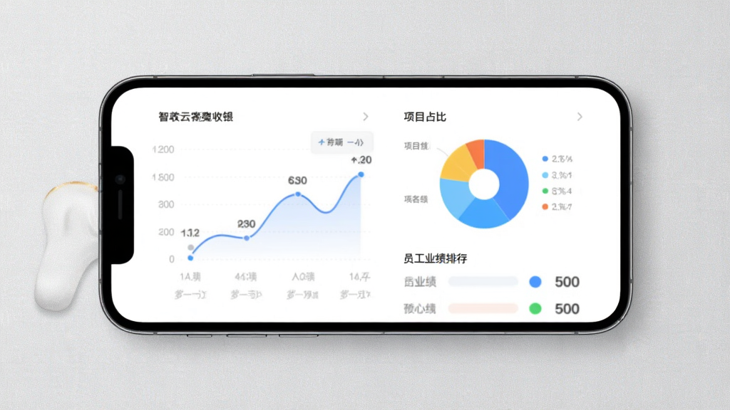 智美云客收银记账与业绩看板图,画面以手机屏幕为核心,展示营收折线图、项目占比饼图与员工业绩排行,背景为浅灰色质感,风格商务简约,布局对称,画质干净,无多余元素