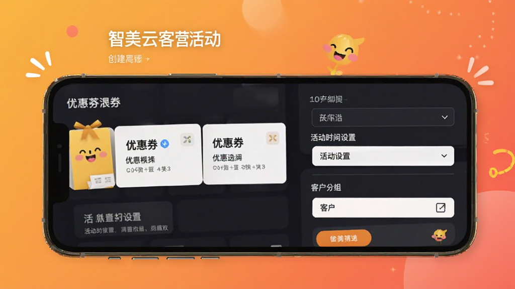 智美云客营销活动创建界面图,画面展示手机屏幕内优惠券模板选择、活动时间设置与客户分组勾选,背景为暖色调渐变,风格活泼友好,布局清晰,画质干净,无多余元素