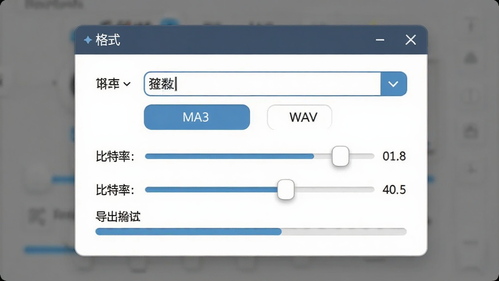 西银播音大师音频导出设置窗口,主体为格式选择下拉菜单与参数调节滑块,排版为居中弹窗式布局,风格为简洁商务UI风格,细节包含MP3与WAV选项、比特率数值、导出进度条,画质清晰干净,无多余元素