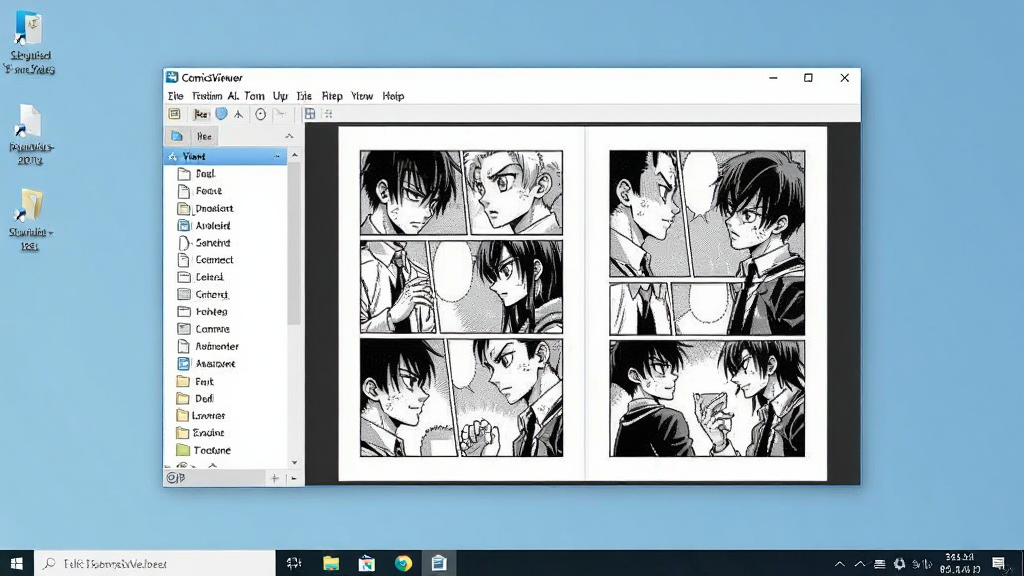 һ������ĵ��������ͼ����Ļ�������ComicsViewer�������ڣ�������չʾ��һ��������˫ҳ���棬����������ļ��б����Ҳ�������ҳ�棬�����˵�����࣬��������ˬ�������������ɾ��޶���Ԫ��