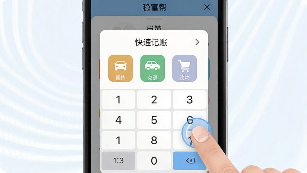 稳富帮智能记账功能展示图,画面主体为手机屏幕内显示快速记账弹窗,包含数字键盘与餐饮、交通、购物等分类图标,布局居中突出操作区域,风格为清新浅色系扁平化设计,细节有手指点击动画效果,画质干净清晰,无杂乱背景元素