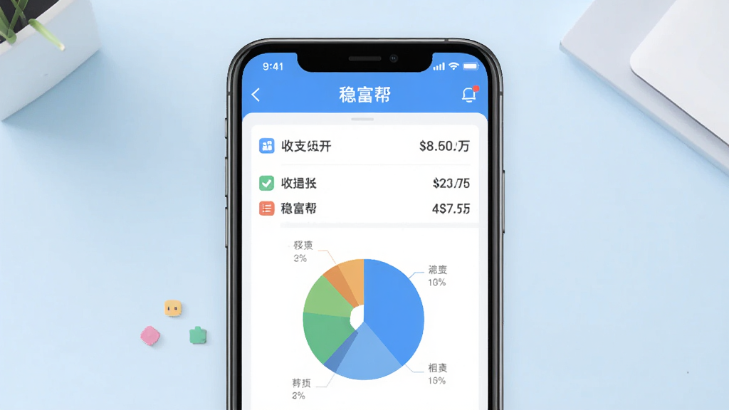 稳富帮软件主界面截屏风格展示,画面中央放置一部智能手机,屏幕内显示稳富帮应用的收支记录列表与饼状统计图表,背景为浅蓝色渐变干净桌面,布局简洁对称,风格为现代扁平化UI设计,细节包含清晰的数字金额和分类图标,画质清晰,无多余元素