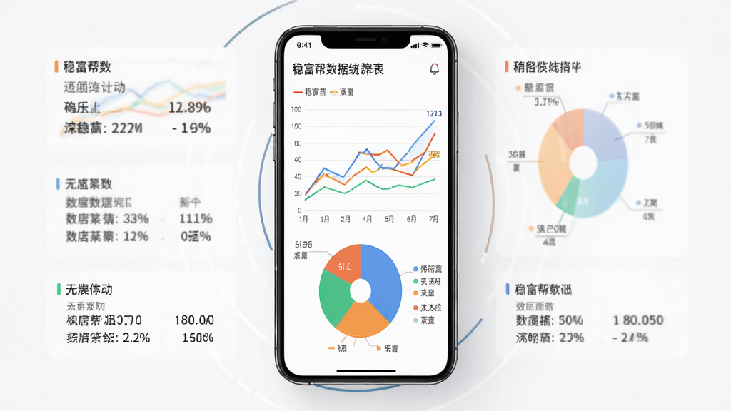 稳富帮数据统计图表展示图,画面以手机屏幕为中心,屏幕内显示彩色折线图与饼状图组合,布局环绕式信息展示,风格为现代简约商务风,细节有清晰的数据标签与图例,画质高清干净,无冗余元素