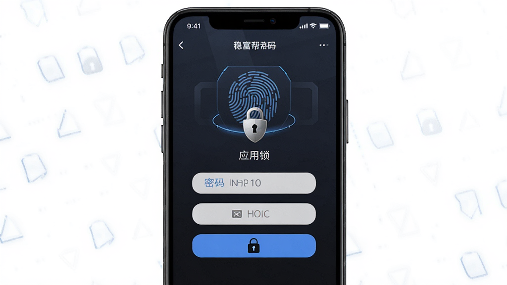 稳富帮安全加密功能示意图,画面为手机屏幕显示应用锁密码输入界面与盾牌安全图标,布局居中对称,风格为深色系安全主题设计,细节包含指纹识别图案与加密锁标识,画质细腻清晰,无多余背景