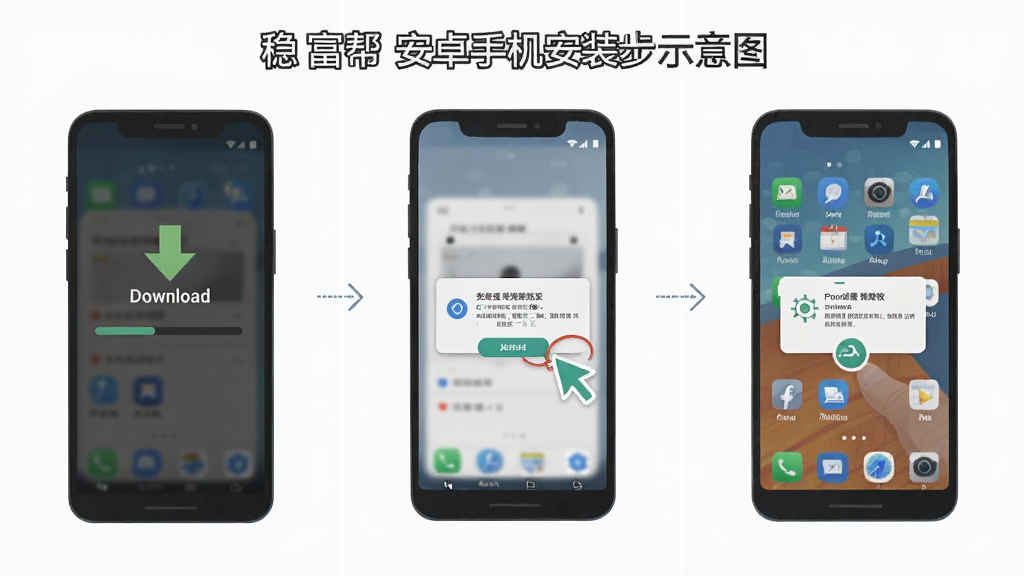 稳富帮安卓手机安装步骤示意图,画面展示手机屏幕从下载完成到点击安装再到桌面图标的连续过程,布局为三格分镜横向排列,风格为扁平化教程图解,细节包含进度条与权限弹窗,画质清晰,无多余文字说明