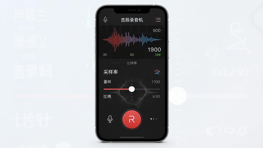 生图提示词:主体为“吉辰录音机”的高清录音功能界面,布局为手机屏幕竖版展示,排版上方显示录音波形与分贝数值,中部为采样率与比特率调节滑块,下方为红色录音按钮,风格为现代简约科技风,细节包含麦克风图标、声波纹理、参数调节刻度,画质高清干净无多余元素,背景为浅色渐变。