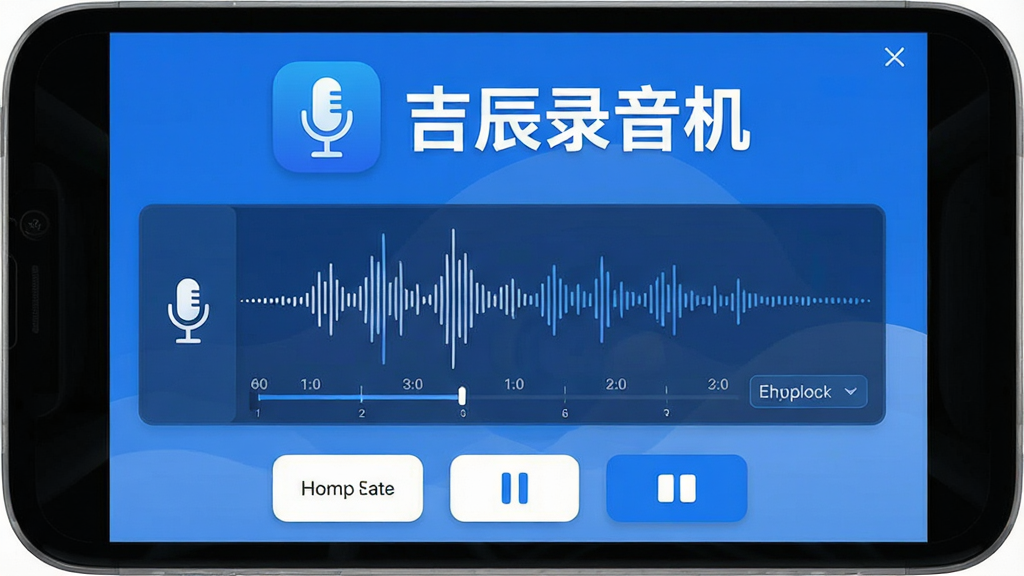 软件名称“吉辰录音机”用于概括软件核心全貌的详细生图提示词:主体为一款录音机应用界面展示,布局采用居中构图,上方为醒目的“吉辰录音机”应用图标与名称,中部为录音波形动态展示区域,下方为开始录音、暂停、保存等操作按钮,排版简洁清晰,风格为现代科技感扁平化设计,细节包含麦克风图标、音频波纹、时间轴刻度、格式选择标签,画质高清干净无多余元素,整体色调以蓝白为主,背景干净整洁。