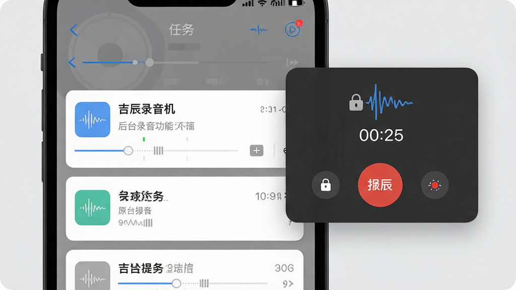 生图提示词:主体为“吉辰录音机”后台录音功能展示,布局为手机多任务界面与录音悬浮窗组合,排版左侧显示后台运行中的录音任务卡片,右侧为悬浮录音控制按钮,风格为清爽扁平化设计,细节包含波形图标、锁屏录音标识、时间计时器,画质高清干净无多余元素,背景为浅灰色。