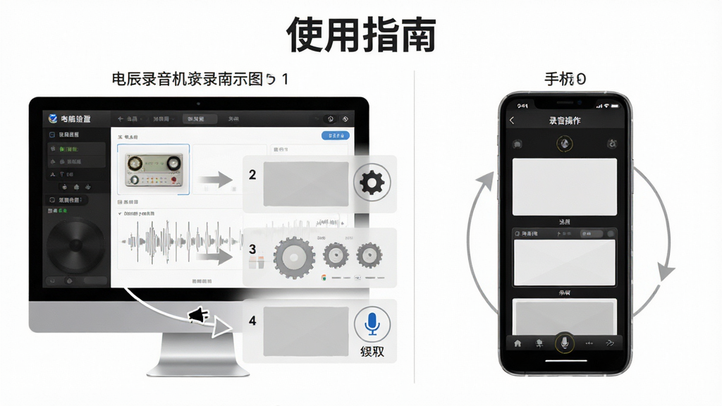 生图提示词:主体为“吉辰录音机”使用指南示意图,布局为左右分栏,左侧为电脑端录音设置界面,右侧为手机端录音操作界面,排版上方为标题“使用指南”,中部为步骤编号与对应截图占位,风格为简洁商务风,细节包含箭头指示、齿轮设置图标、麦克风权限图标,画质高清干净无多余元素,背景为白色。