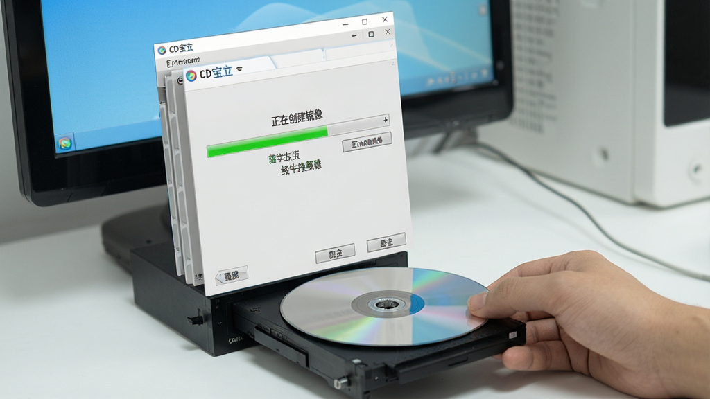 一张展示CD宝正在制作光盘镜像的图片,画面中电脑屏幕显示CD宝界面,光驱托盘弹出,一张光盘正被放入,界面中有进度条和“正在创建镜像”字样,风格写实,布局清晰,画质干净,无多余元素。