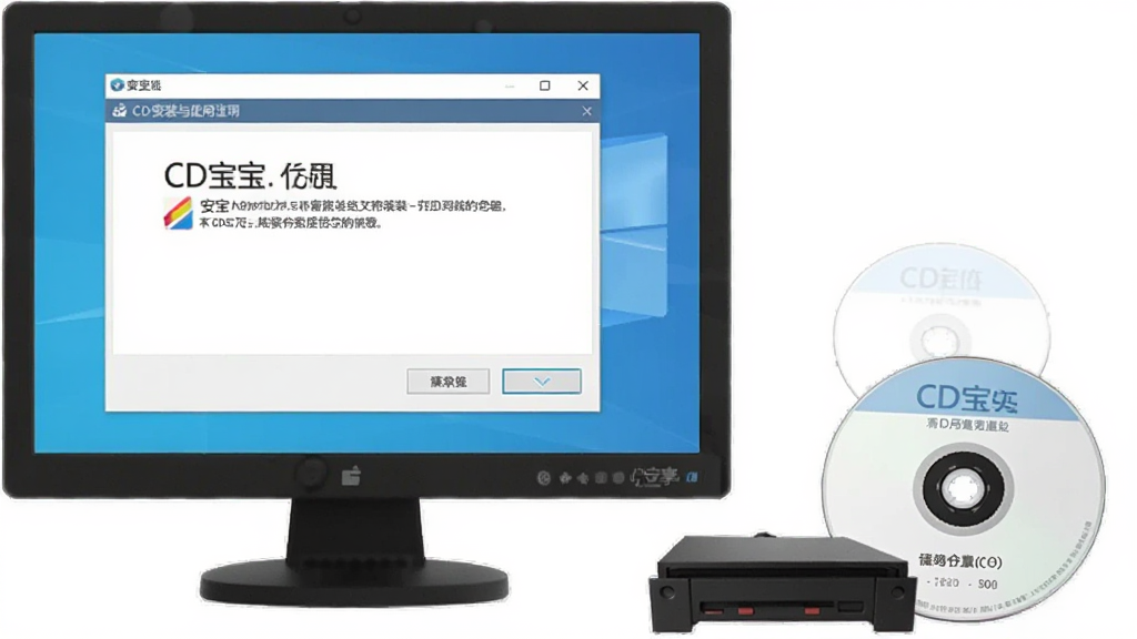一张展示CD宝安装与使用注意事项的图片,画面中电脑屏幕显示软件安装向导界面,旁边有光驱与光盘,风格写实,布局清晰,画质干净,无多余元素。